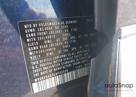 2014 Volkswagen Tiguan R-Line from USA, damaged, VIN WVGBV3AX7EW545538